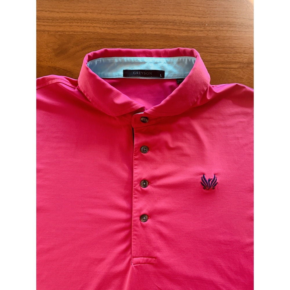 Greyson Golf Polo Shirt Mens L Coral Pink Short Sleeve Performance Stretch Wolf